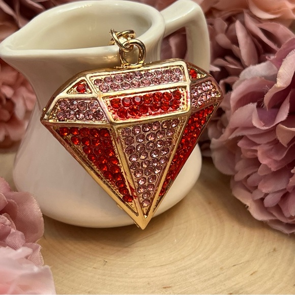 Red and Pink Crystal Gold Accented Diamond Keychain Charm - Picture 3 of 14